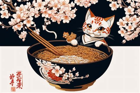 Premium AI Image | cat with ramen japanese art