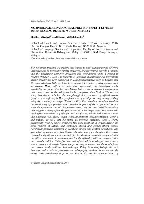 (PDF) Morphological parafoveal preview benefit effects when reading ...