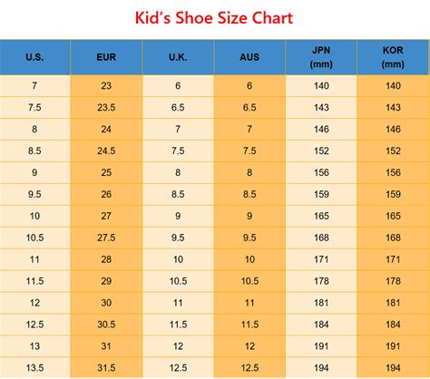 Printable Kids Shoe Size Chart Us