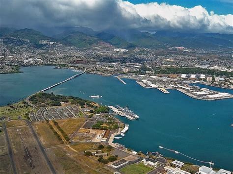 Aerial view of Pearl Harbor, Arizona Memorial, U.S.S. Missouri. Ford ...