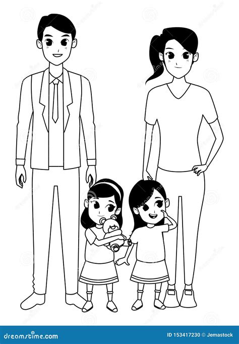 Family Parents and Childrens Cartoons in Black and White Stock Vector ...