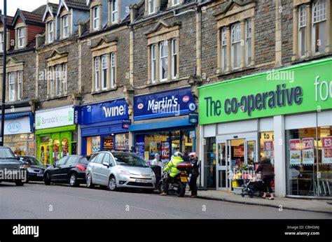 Row of shops, Co-op, Martin's, Wine, Henleaze, Bristol, UK Stock Photo ...