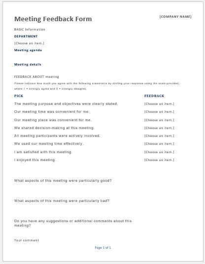 Meeting Feedback Forms for MS Word | Word & Excel Templates