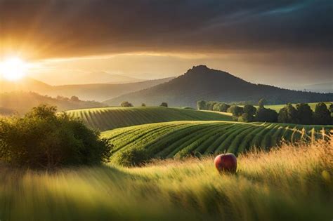 Premium AI Image | sunset on a farm with a red ball in the middle of a ...