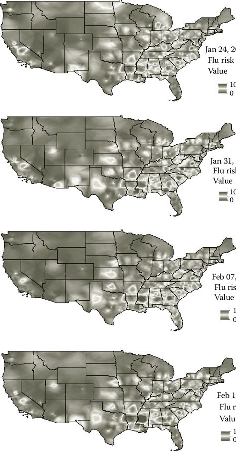 5 (See color insert.) Maps of estimated flu-risk in the conterminous ...