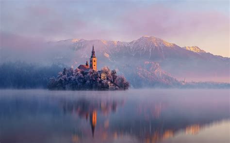 church, landscape, island, 1080P, lake, mountains, castle, Slovenia ...