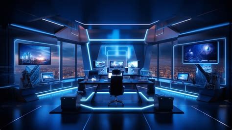 Premium AI Image | Futuristic office illuminated by blue lighting ...