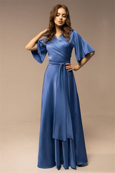 Azure Blue Silk Full Wrap Maxi Dress, Summer Bridesmaid Light Blue Silk ...