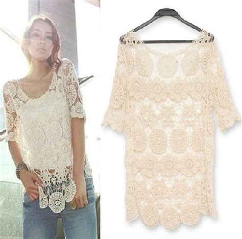 Lace Crochet Top In Beige on Luulla