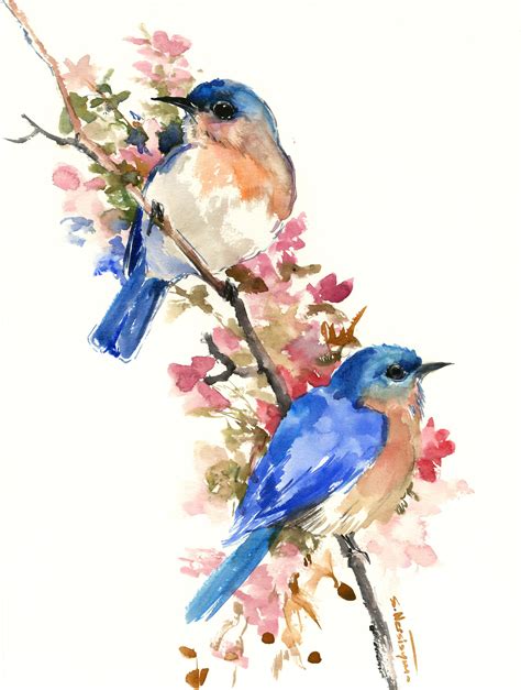 Bluebirds and Spring Artwork Original Painting Watercolor - Etsy | Blue ...