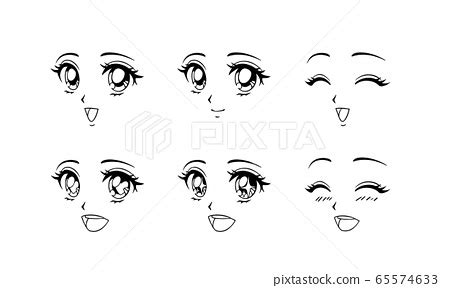 Set of happy anime faces. Hand drawn vector - Stock Illustration ...