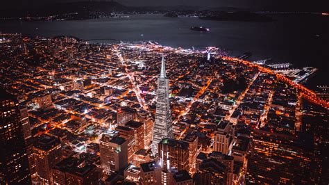 night city, coast, aerial view, buildings, lights, singapore, 4k HD ...