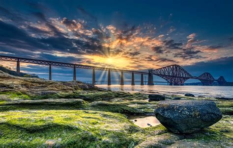 Wallpaper sunset, bridge, coast, stone, Scotland, Bay, Scotland, Forth ...