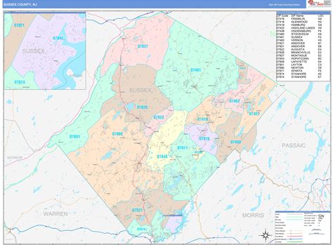 Sussex County, NJ Wall Map Color Cast Style by MarketMAPS