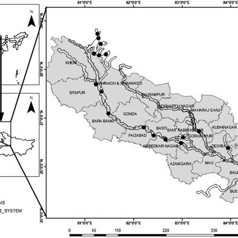 | Study area diagram showing sampling points in the Ghaghara river ...