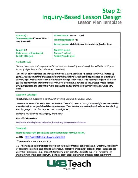 Step 2 Lesson Plan Draft - Step 2: Inquiry-Based Lesson Design Lesson ...