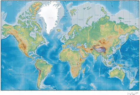 Digital Terrain World Map - Mercator Projection with Country Borders ...