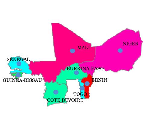 Map of WAEMU countries with their centroids. | Download Scientific Diagram