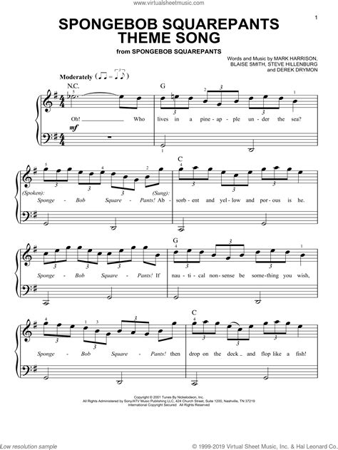 SpongeBob SquarePants Theme Song sheet music for piano solo (PDF)