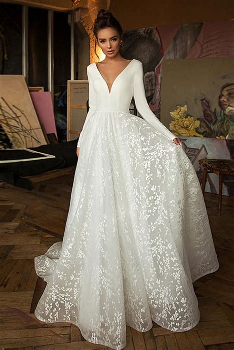 Elegant A Line Long Sleeves V Neck Wedding Dress – Simibridaldresses