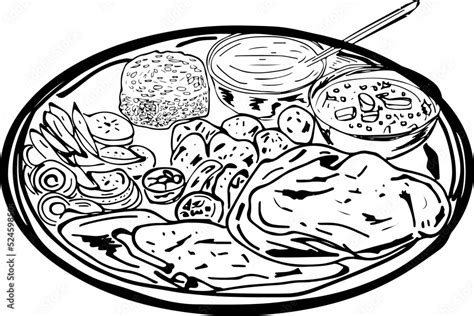 Traditional indian food Thali line art vector, Indian cuisine sketch ...