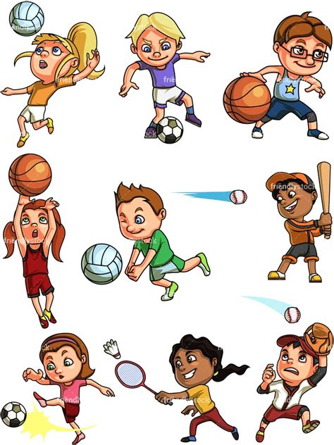 Kids Playing Sports Cartoon Clipart Vector - FriendlyStock