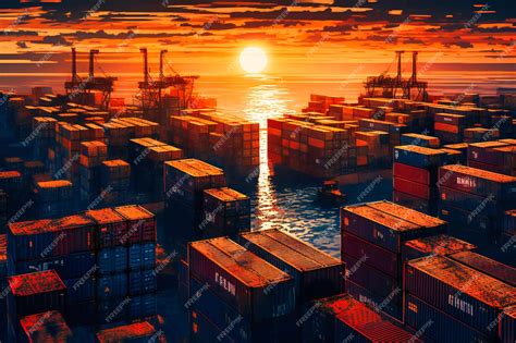 Premium Photo | Shipping container docks at sunset in a port