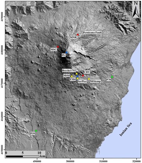 Sketch map of Mt. Etna volcano. Triangles indicate sensor locations ...