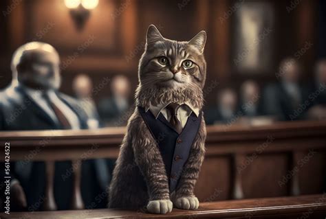 ภาพประกอบสต็อก cat in a suit and tie, standing in a courtroom (AI ...