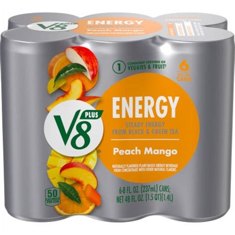 V8 +Energy Peach Mango Energy Drink, 6 cans / 8 fl oz - King Soopers