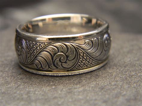 10mm wide titanium hand engraved ring with 14K white gold wrap and ...