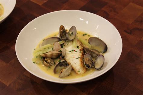 Baked Wild Pacific Halibut with Spicy Clam Broth, Summer Squash, and ...