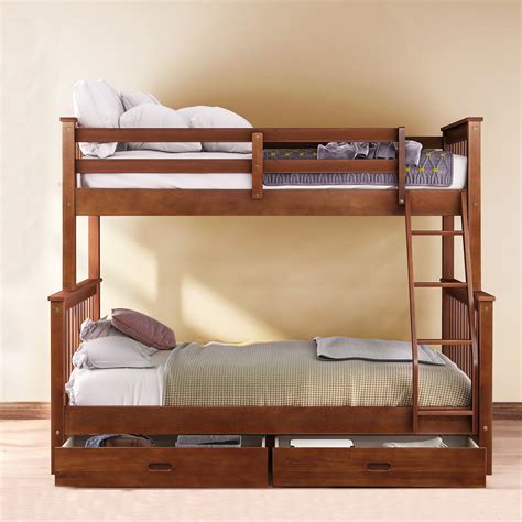 Wood Twin Over Full Bunk Beds, Kids Bunk Beds with Ladder, Safety Rail ...