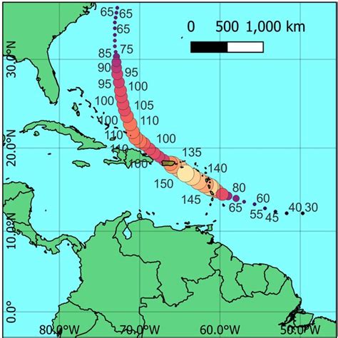 GIS map of hurricane Maria's trajectory and its wind speeds. | Download ...