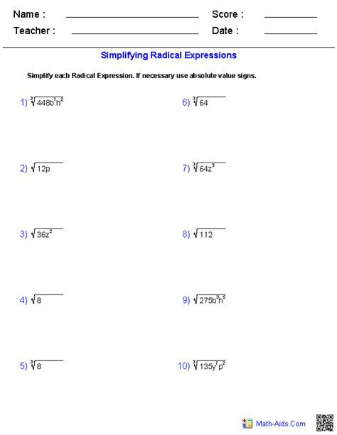 Algebra 1 Worksheets | Radical Expressions Worksheets | Radical ...