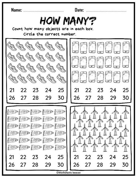 How Many? Count and circle the correct number (B&W) Numbers 21-30 ...