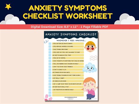 Anxiety Symptoms Checklist Worksheet for Kids Child Worry - Etsy UK