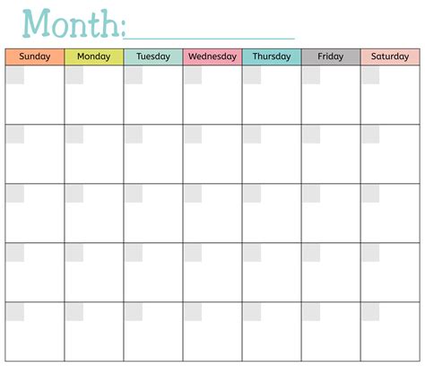 Monthly Calendar Template Printable