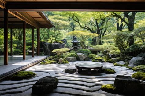 Premium AI Image | a japanese garden with a stone patio and a stone ...