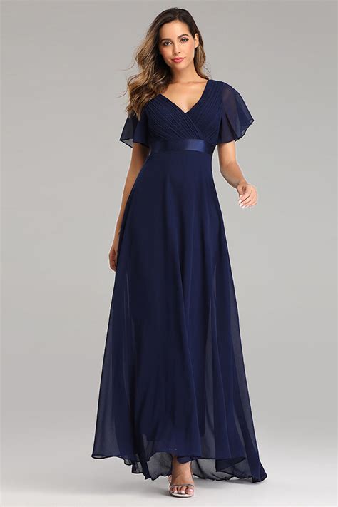 Flowy Chiffon Dark Navy Blue Prom Dress with V Neck Ruffled Sleeve ...