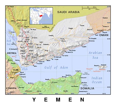 Detailed political map of Yemen with relief | Yemen | Asia | Mapsland ...