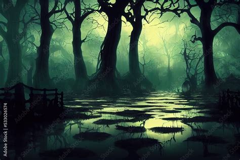 3D Rendering illustration of a creepy haunted mansion in a swamp at ...