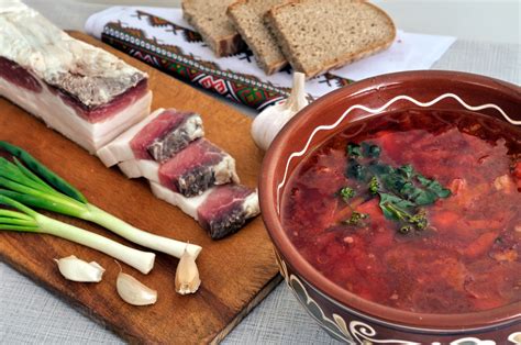 traditional simple ukrainian food ukrainian borscht salted fresh lard ...