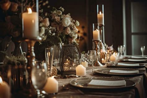 Elegant table setting with candles and flowers in vintage style. A ...