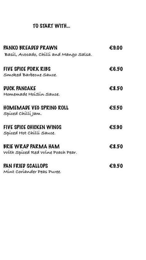 Menu at Five Spice Restaurant, Ireland