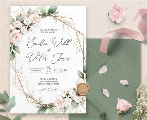 Paper Wedding Invitation Template with Watercolor soft blush pink ...