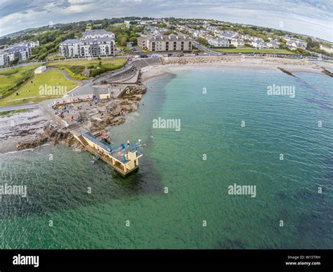 Aerial view of Blackrock beach with Diving tower in Salthill, Galway ...