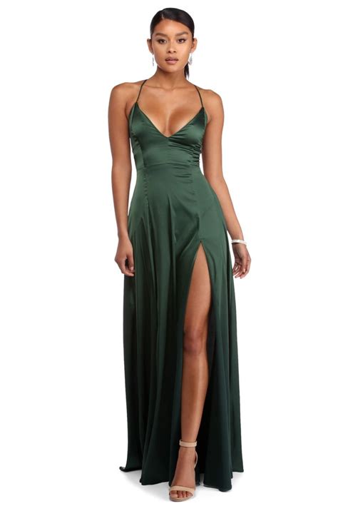 Vera Emerald Satin Lace Up Formal Dress | Silk prom dress, Green satin ...