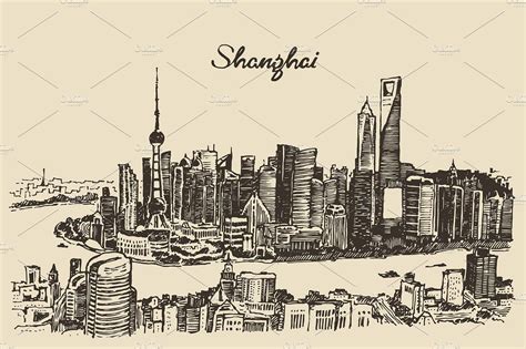 Shanghai City skyline (China) #vector#illustration#style#Vintage ...