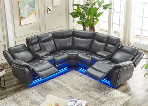 Sectional Sofa Set With LED Lights Power Reclining Sectional Sofa Faux ...